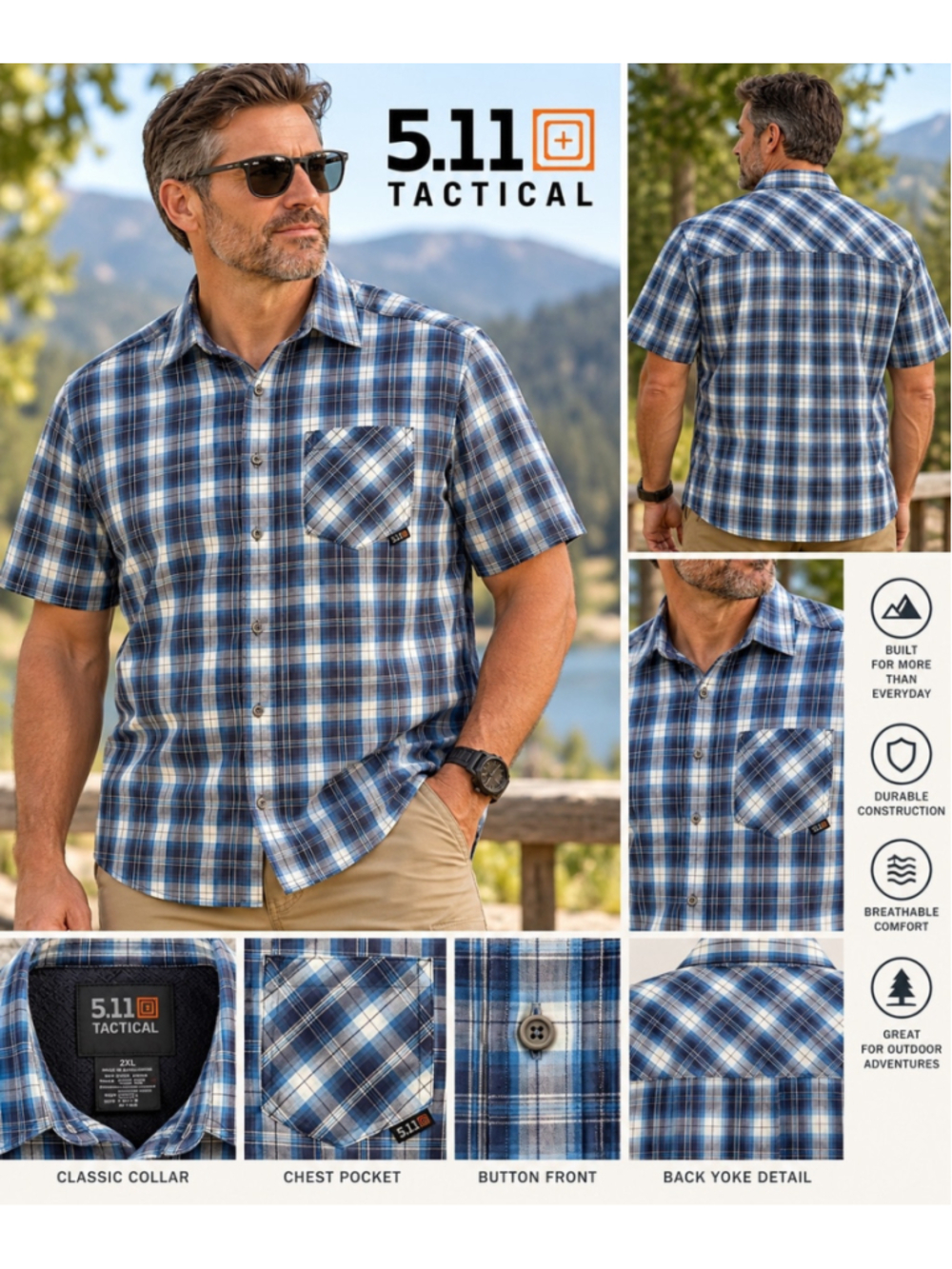 5.11 Tactical Men’s 2XL Blue Plaid Short Sleeve Button Front Shirt